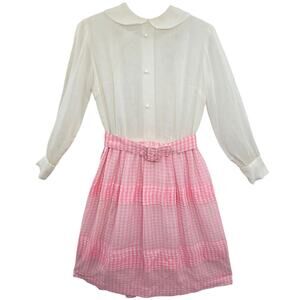 Miss Serbin‎ Vintage Pink White Gingham Ruffle Prairie Belted A-Line Dress